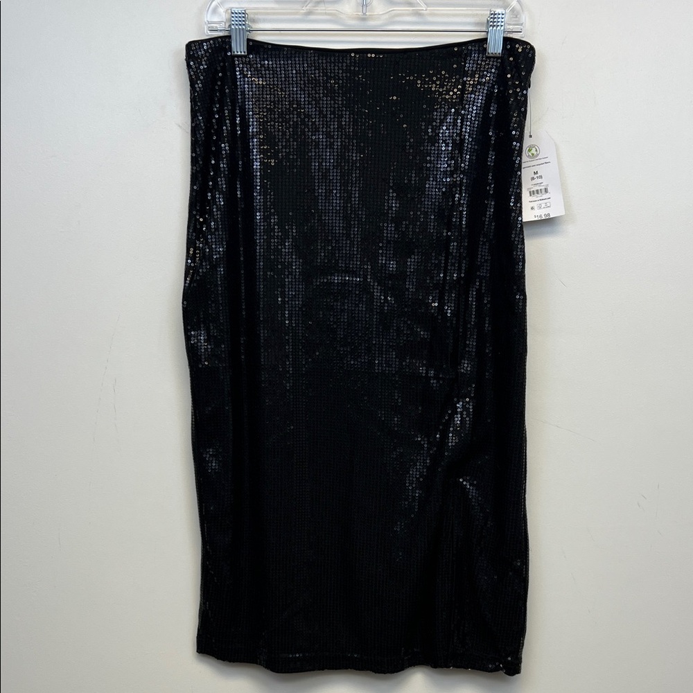 Time and Tru Women's Black Glitzy Chic Festive Sequin Midi Skirt Size Med
